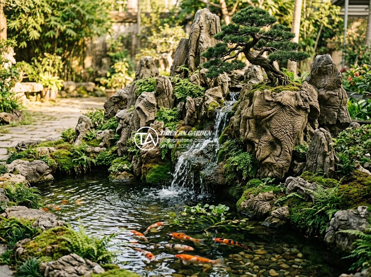 Tiểu Cảnh Bể Cá Sân Vườn - Combined landscape featuring a fish pond with a rockery mountain formation behin