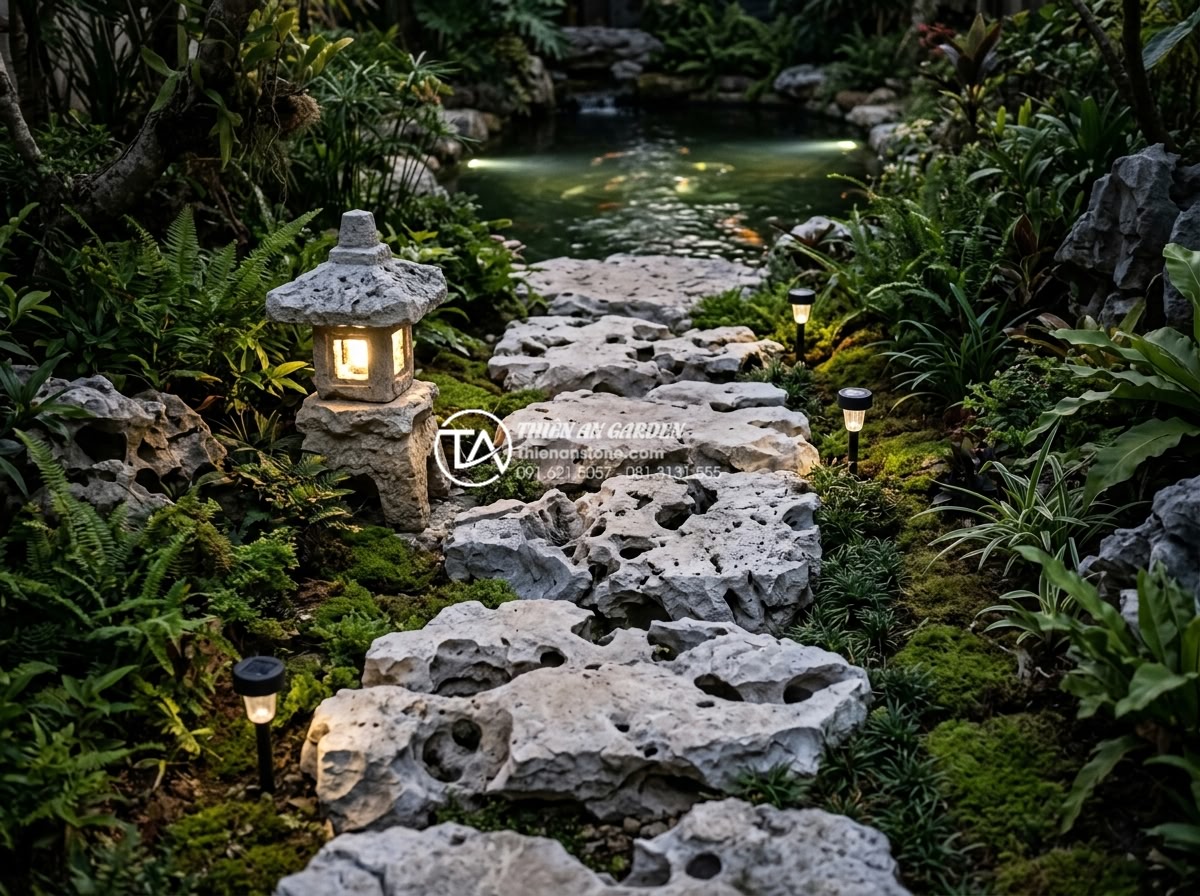 Tiểu Cảnh Bể Cá Sân Vườn - Garden pathway made of natural stepping stones leading to a fish pond, stone lan