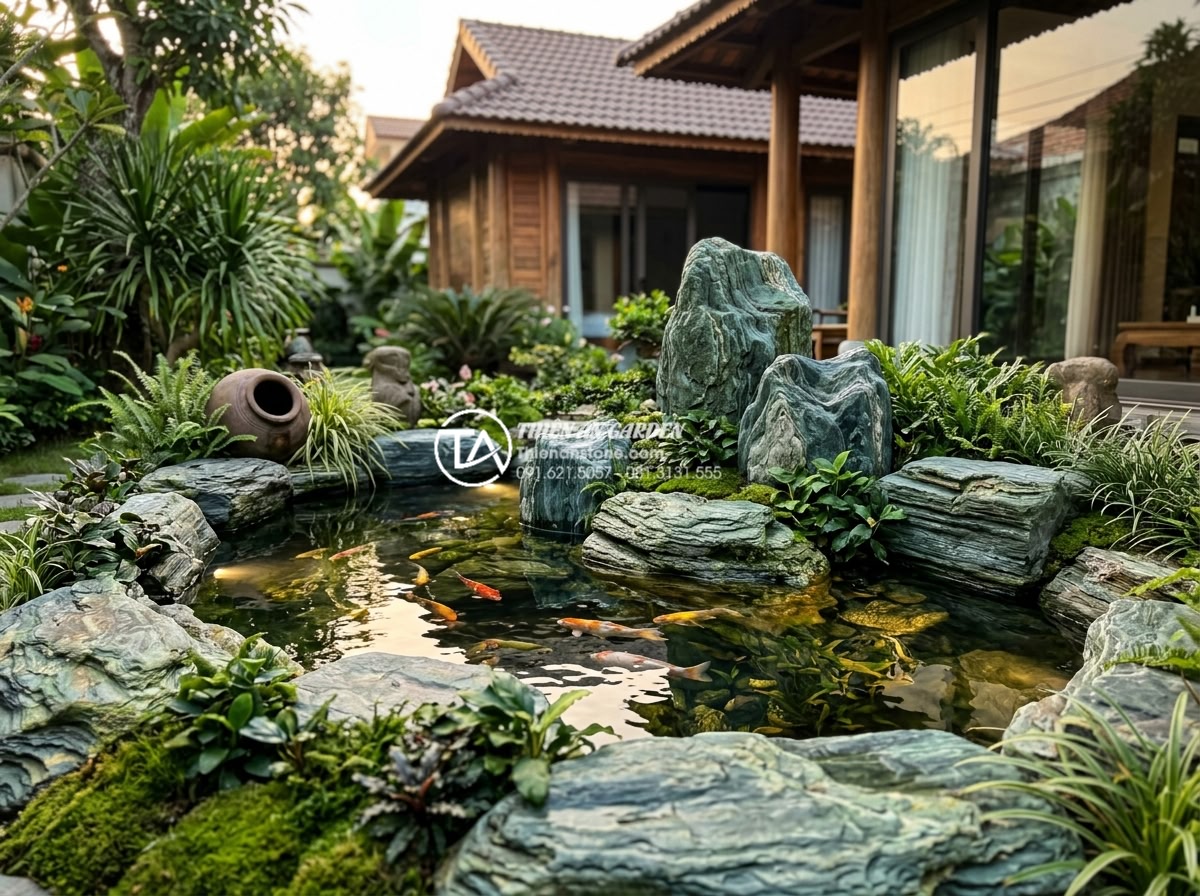 Tiểu Cảnh Bể Cá Sân Vườn - Final showcase image of a premium completed garden fish pond miniature landscape