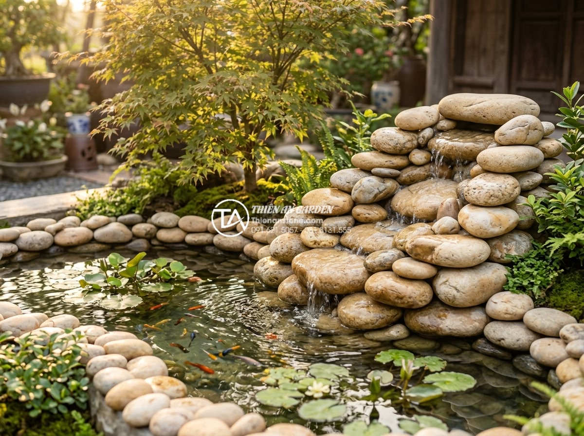 Tiểu Cảnh Bể Cá Sân Vườn - Serene garden fish pond miniature landscape with natural waterfall feature made 