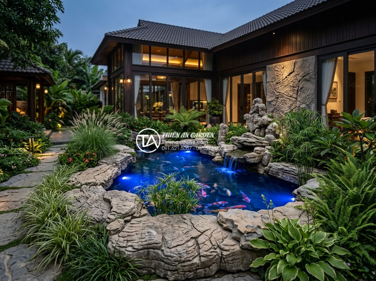 Tiểu Cảnh Bể Cá Sân Vườn - Luxury modern villa exterior with a stunning garden fish tank landscape as the c