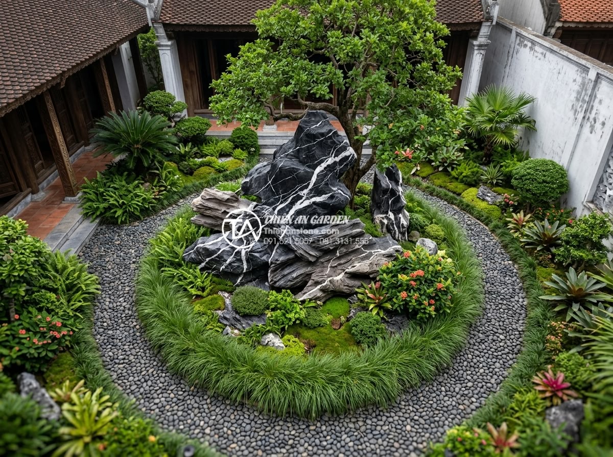 Tiểu Cảnh Cây Ôm Đá - Hình 15 Tiểu Cảnh Cây Ôm Đá - Bird's eye view photography of a well-designed tree-embracing-rock landscape lay