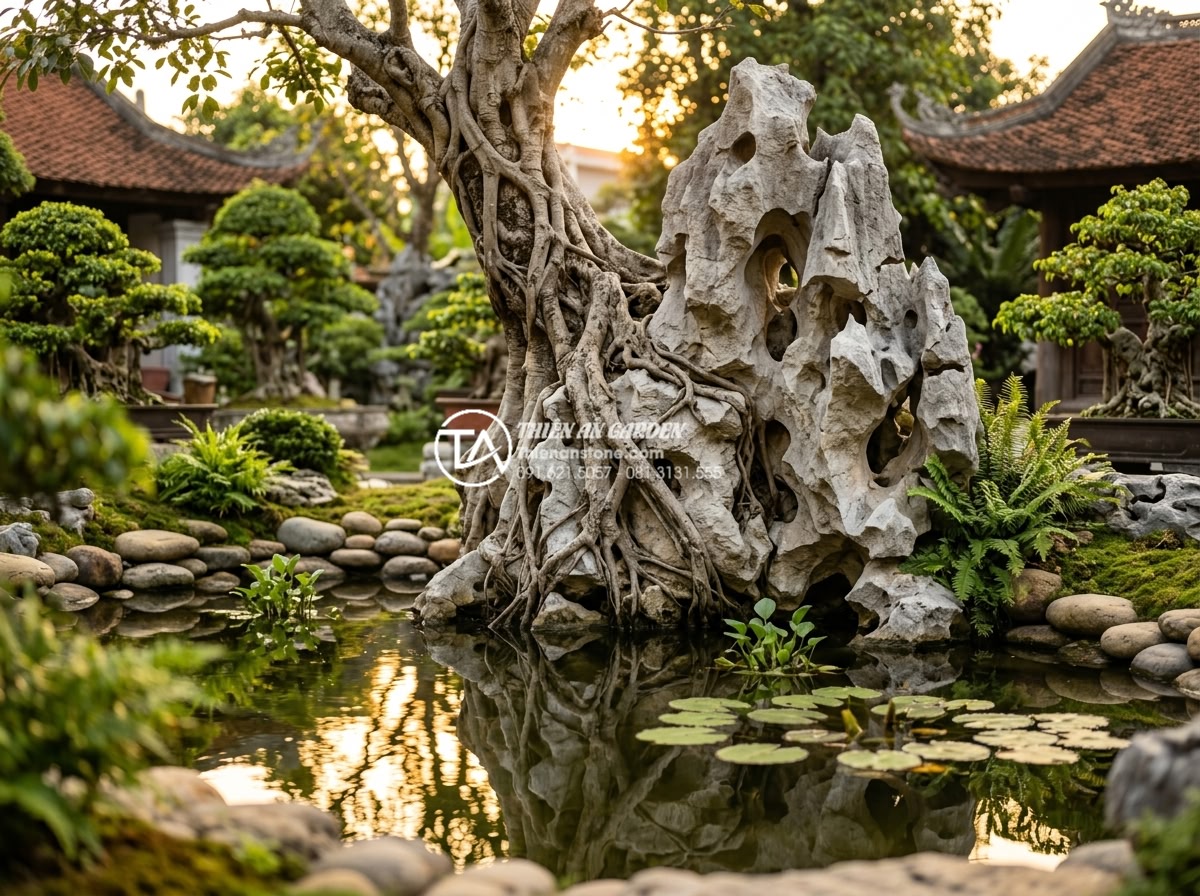 Tiểu Cảnh Cây Ôm Đá - Hình 18 Tiểu Cảnh Cây Ôm Đá - Ultra realistic photograph of a tree-embracing-rock landscape positioned beside
