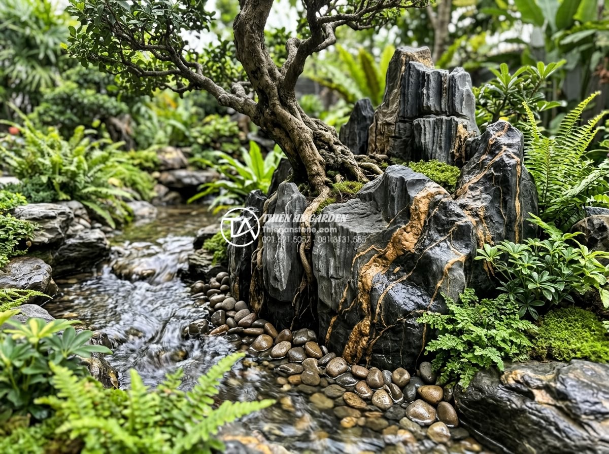 Tiểu Cảnh Cây Ôm Đá - Hình 19 Tiểu Cảnh Cây Ôm Đá - Side view photograph of tree-embracing-rock miniature landscape next to a small