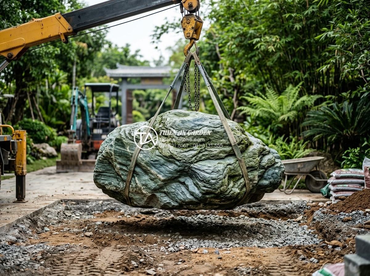 Tiểu Cảnh Cây Ôm Đá - Hình 21 Tiểu Cảnh Cây Ôm Đá - Professional installation process of a large natural stone being carefully posit