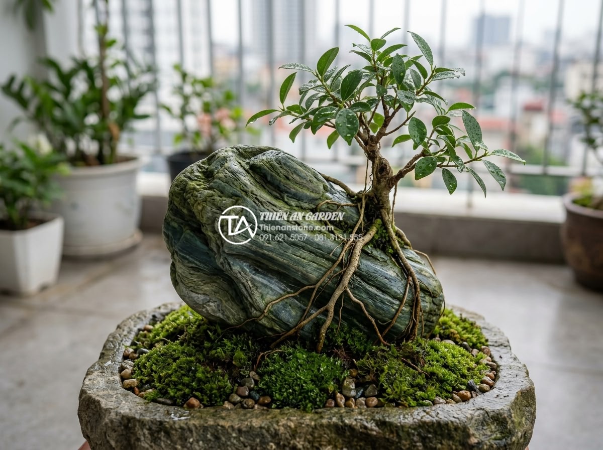 Tiểu Cảnh Cây Ôm Đá - Hình 28 Tiểu Cảnh Cây Ôm Đá - Close-up of a petite tree-embracing-rock arrangement in a stone tray on a modern