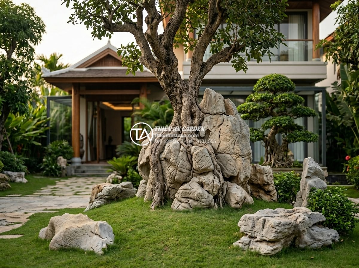 Tiểu Cảnh Cây Ôm Đá - Hình 3 Tiểu Cảnh Cây Ôm Đá - Wide angle architectural photography of a luxury villa entrance garden featuring