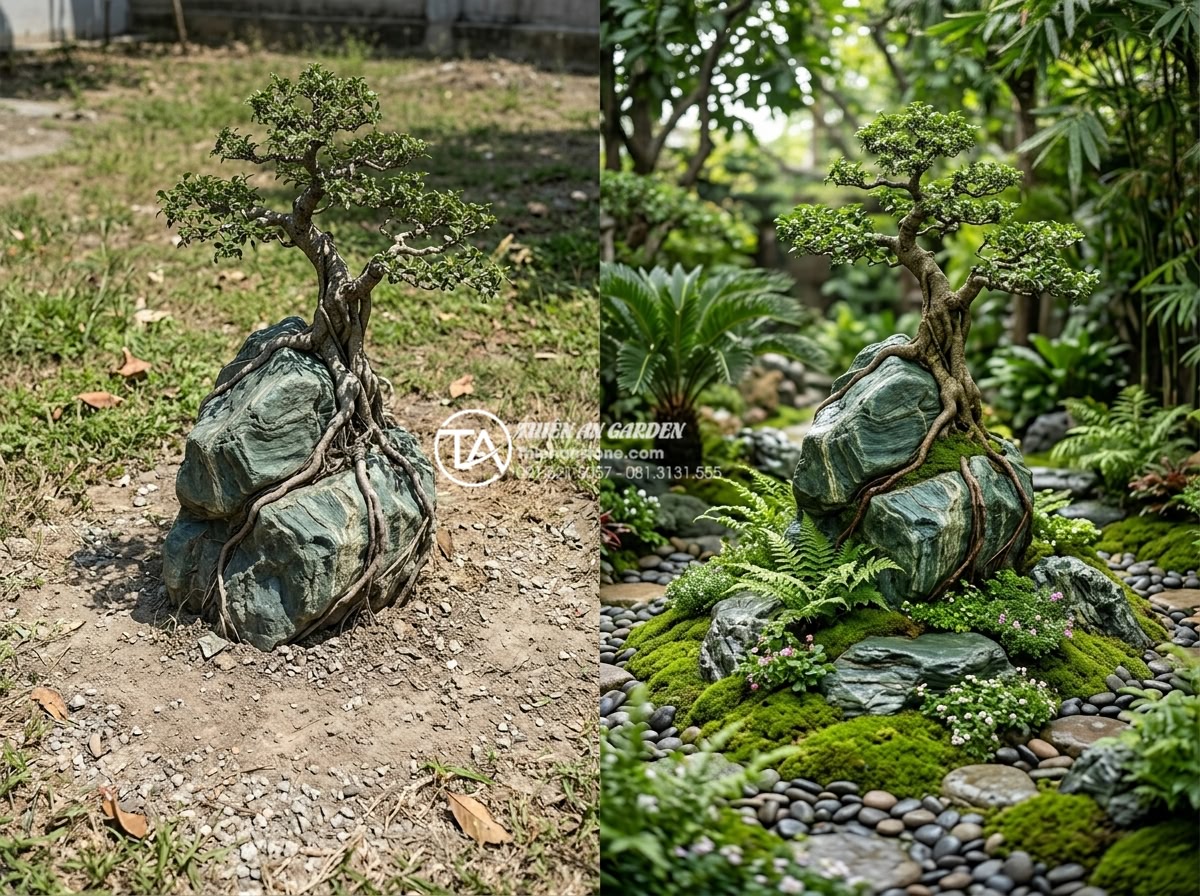 Tiểu Cảnh Cây Ôm Đá - Hình 35 Tiểu Cảnh Cây Ôm Đá - Side by side comparison of a tree-embracing-rock landscape without vs with surro