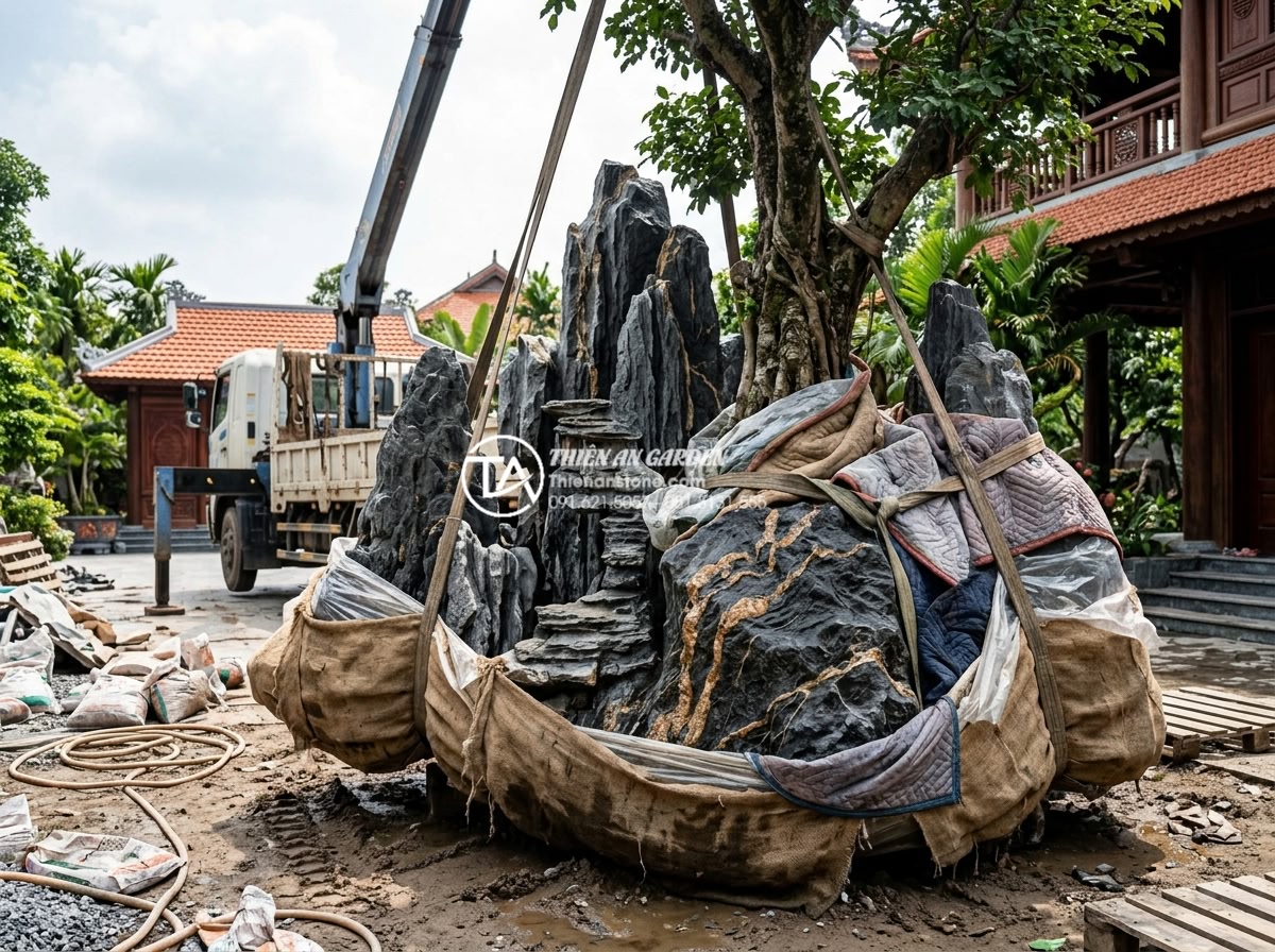 Tiểu Cảnh Cây Ôm Đá - Hình 40 Tiểu Cảnh Cây Ôm Đá - Professional delivery and installation of a large tree-embracing-rock landscape