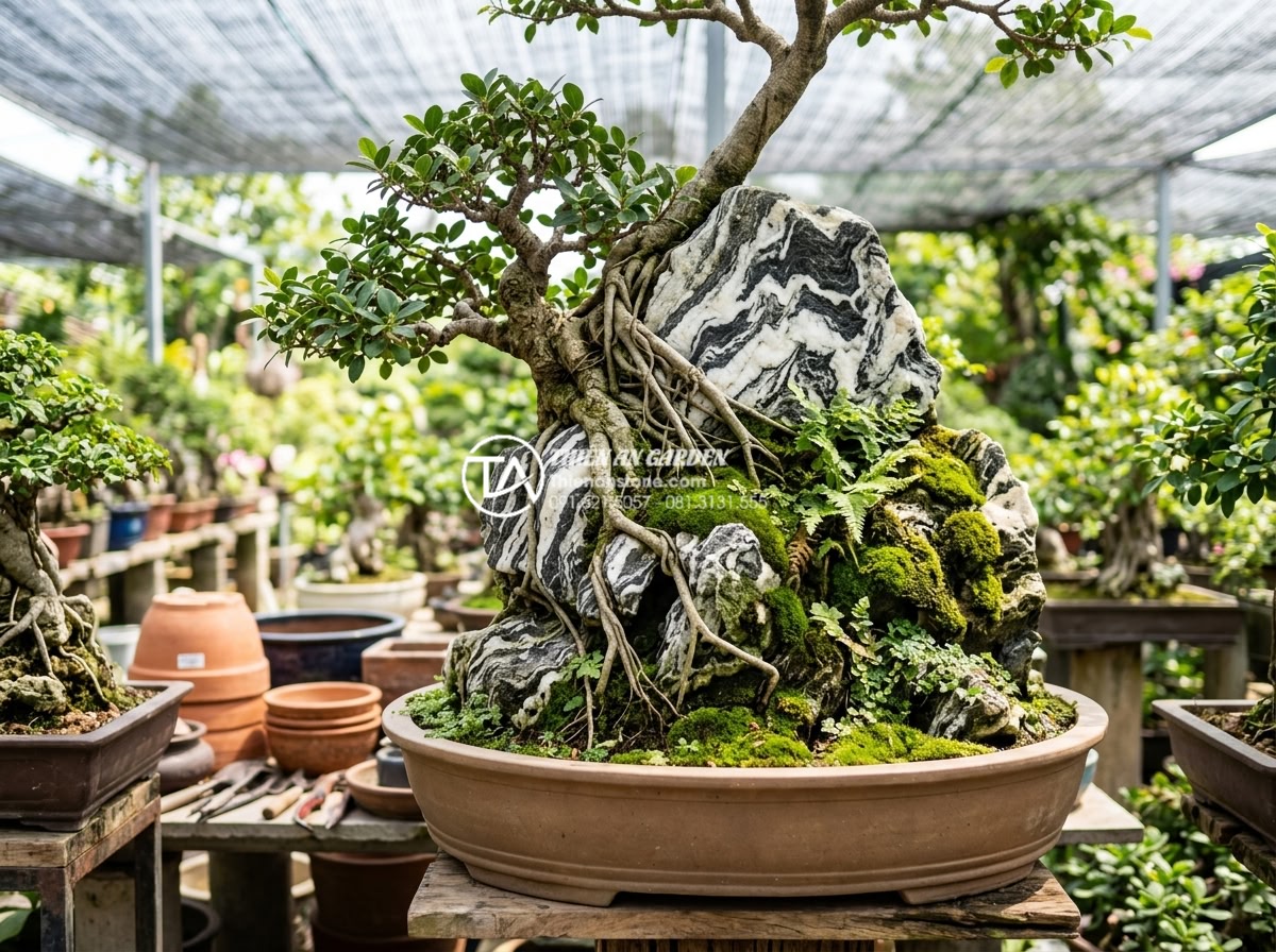 Tiểu Cảnh Cây Ôm Đá - Hình 41 Tiểu Cảnh Cây Ôm Đá - Customer examining a tree-embracing-rock landscape at a Vietnamese garden center