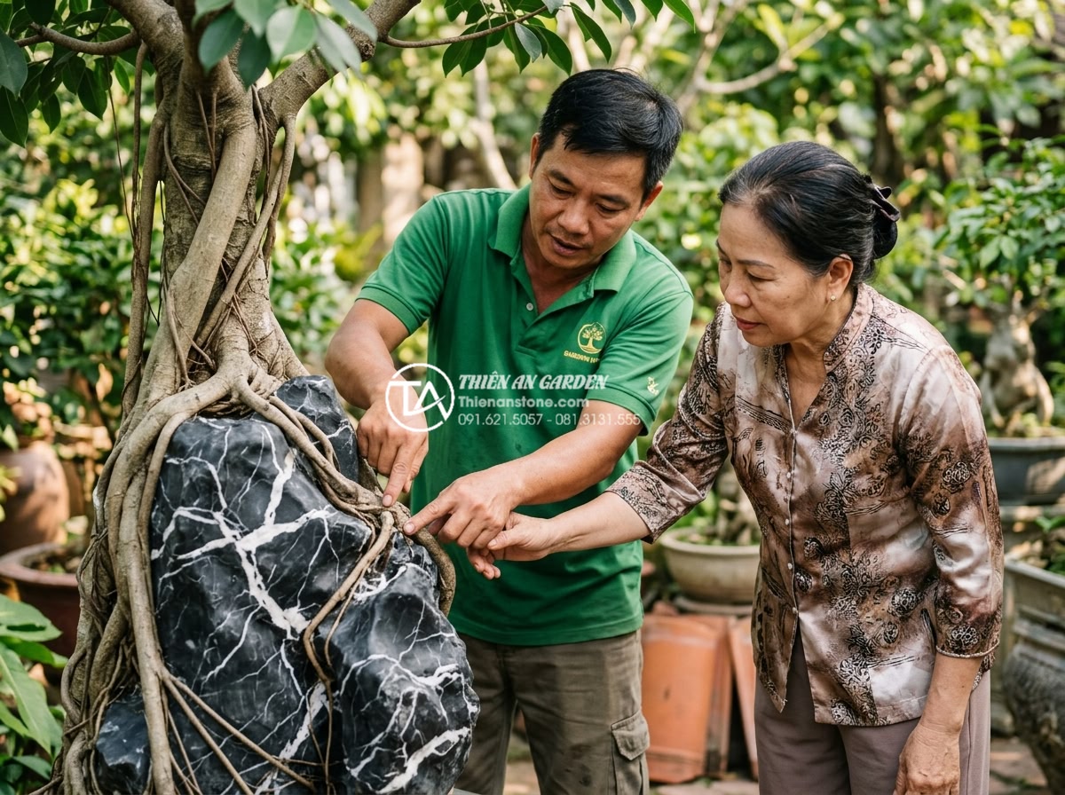 Tiểu Cảnh Cây Ôm Đá - Hình 43 Tiểu Cảnh Cây Ôm Đá - Close-up photograph of a garden specialist providing care instructions for a tre