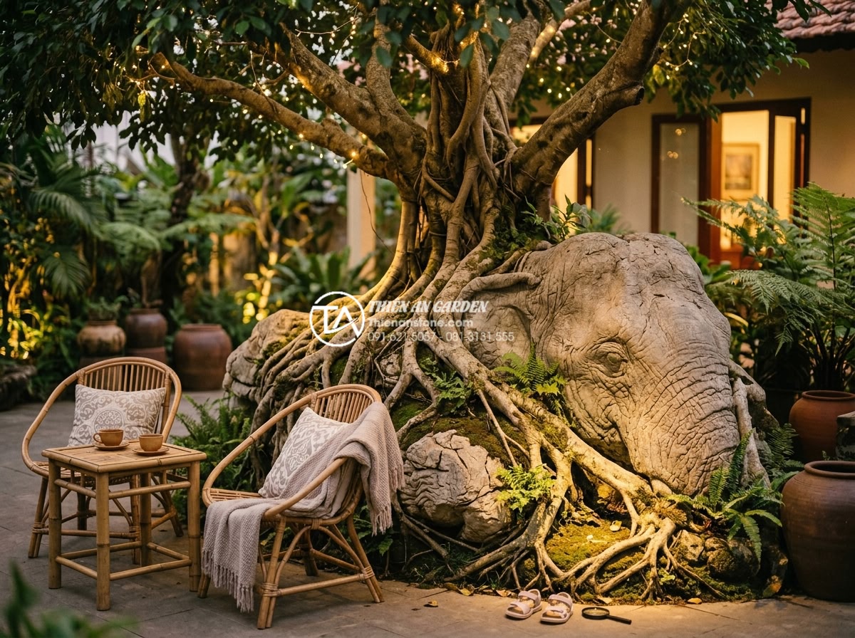 Tiểu Cảnh Cây Ôm Đá - Hình 45 Tiểu Cảnh Cây Ôm Đá - Warm evening family gathering near an illuminated tree-embracing-rock landscape