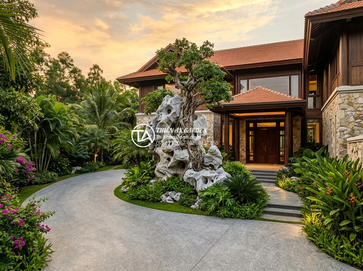 Tiểu Cảnh Cây Ôm Đá - Hình 46 Tiểu Cảnh Cây Ôm Đá - Real estate photography style wide shot of a luxury Vietnamese villa entrance wi