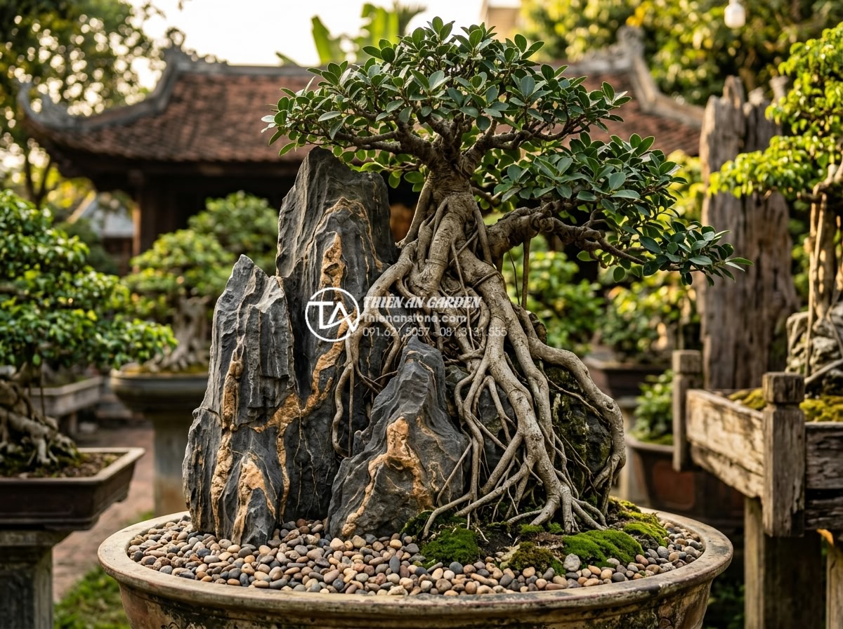 Tiểu Cảnh Cây Ôm Đá - Hình 5 Tiểu Cảnh Cây Ôm Đá - Artistic photograph of a carefully cultivated tree-embracing-rock bonsai landsca