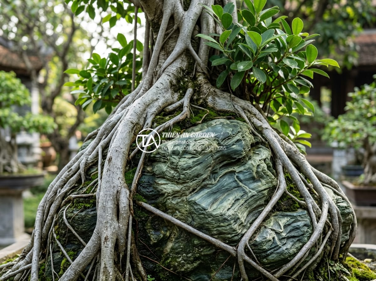 Tiểu Cảnh Cây Ôm Đá - Hình 7 Tiểu Cảnh Cây Ôm Đá - Ultra realistic close-up of a mature Ficus tree (cay sanh) with thick silver-gre