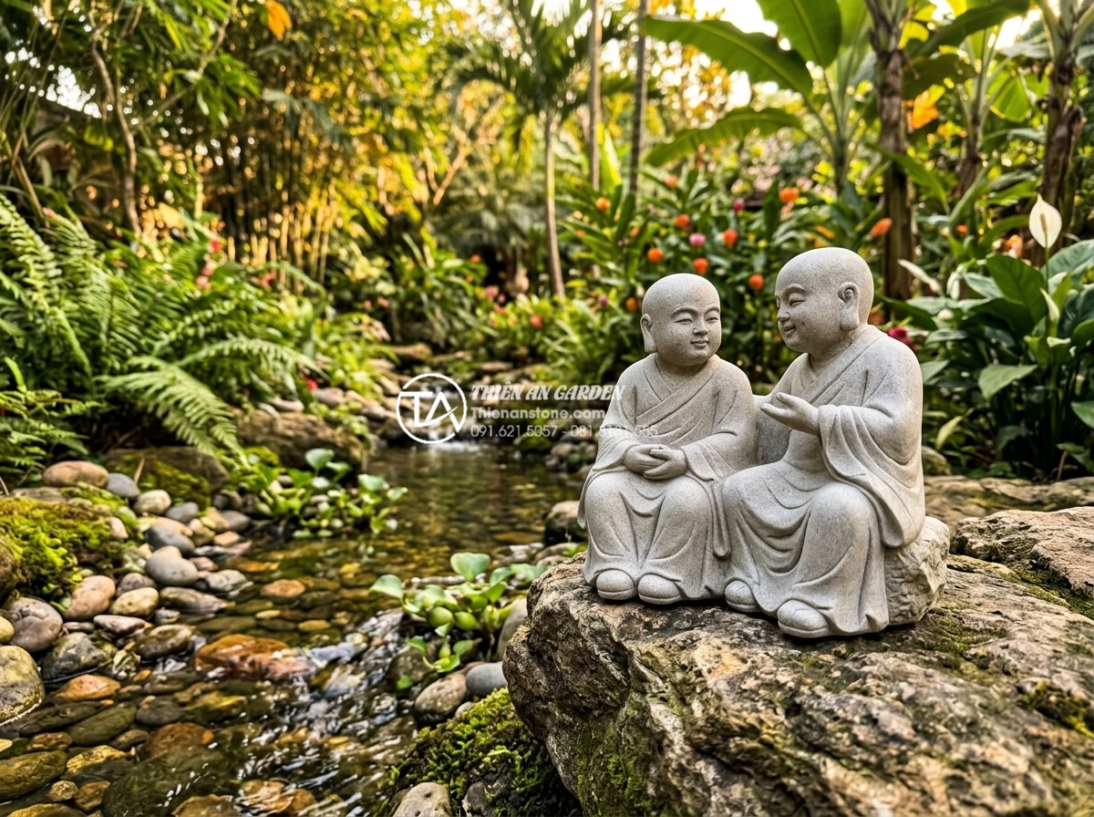 Tiểu Cảnh Chú Tiểu - Hình 10 Tiểu Cảnh Chú Tiểu - Two small stone monk figurines sitting together on a natural rock having a conve