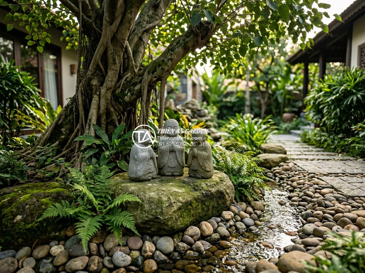 Tiểu Cảnh Chú Tiểu - Hình 18 Tiểu Cảnh Chú Tiểu - Luxury villa garden with three stone monk figurines gathered under an old bodhi