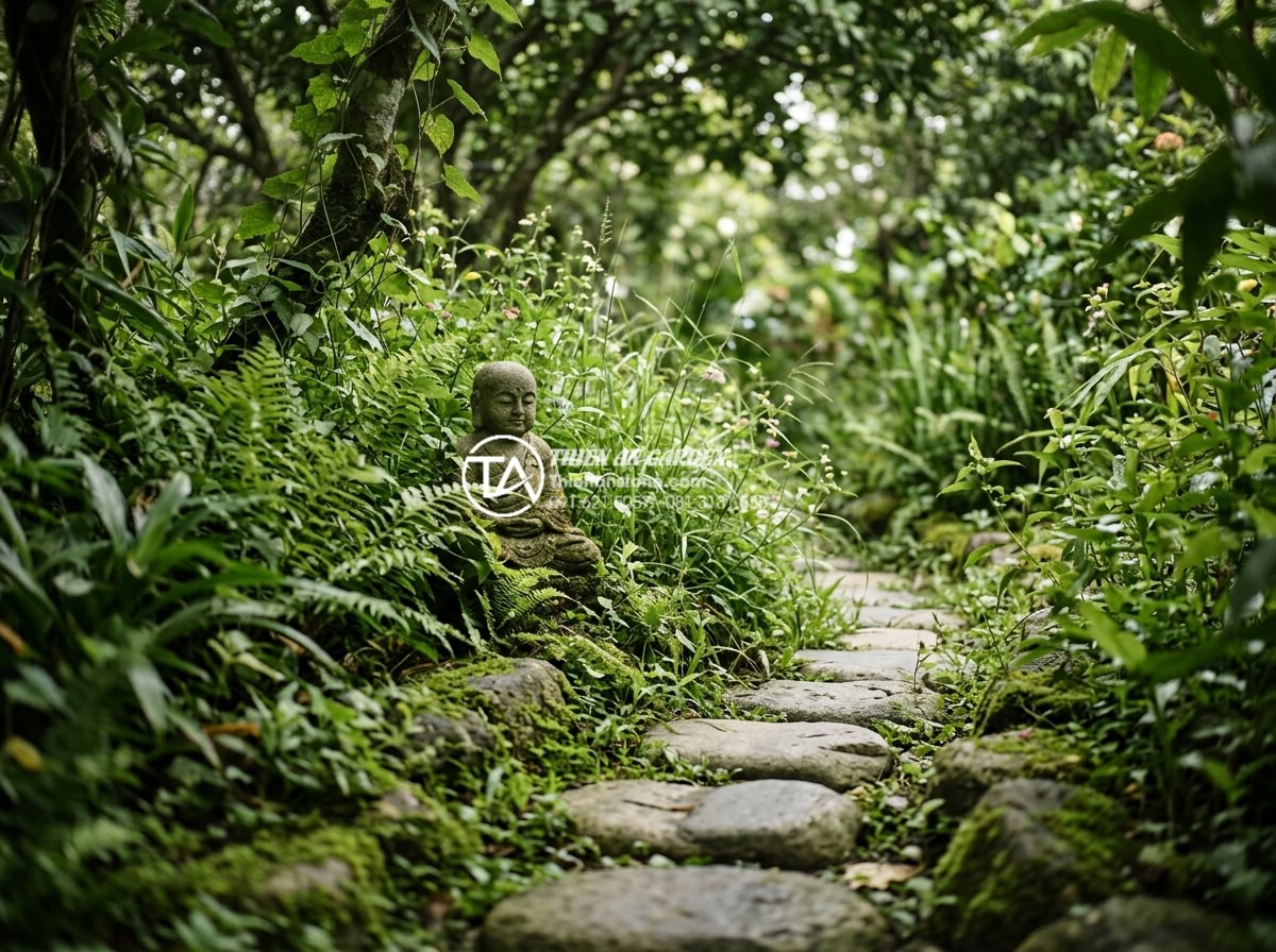 Tiểu Cảnh Chú Tiểu - Hình 37 Tiểu Cảnh Chú Tiểu - Naturalistic wild garden with hidden stone monk figurine discovered behind overg
