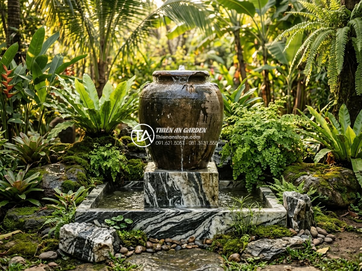 Tiểu Cảnh Chum Nước - Ultra realistic photo of a traditional ceramic water jar fountain in a lush trop