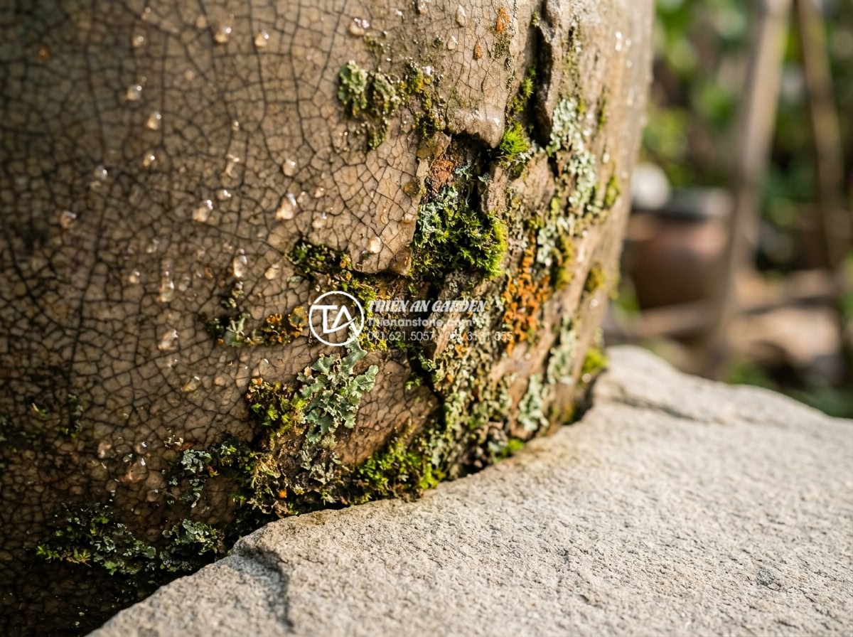 Tiểu Cảnh Chum Nước - Extreme close-up of aged ceramic jar surface texture with natural moss and liche