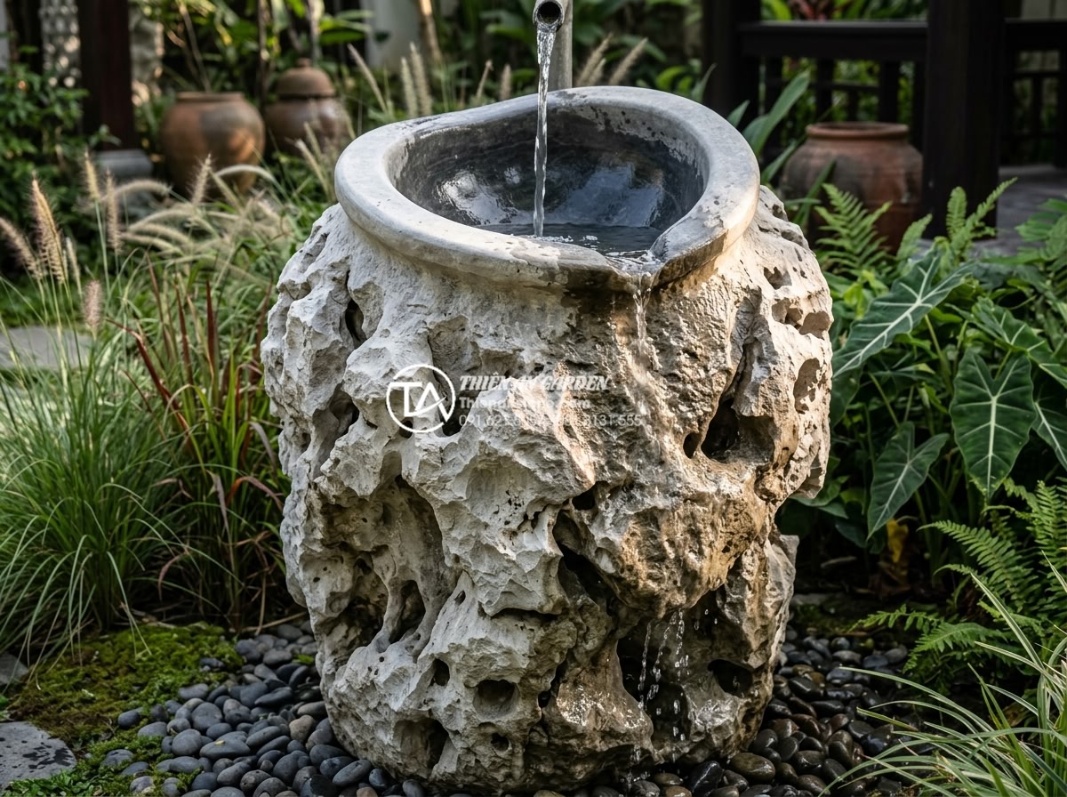 Tiểu Cảnh Chum Nước - Natural granite stone jar fountain showing contrast between rough-hewn exterior 