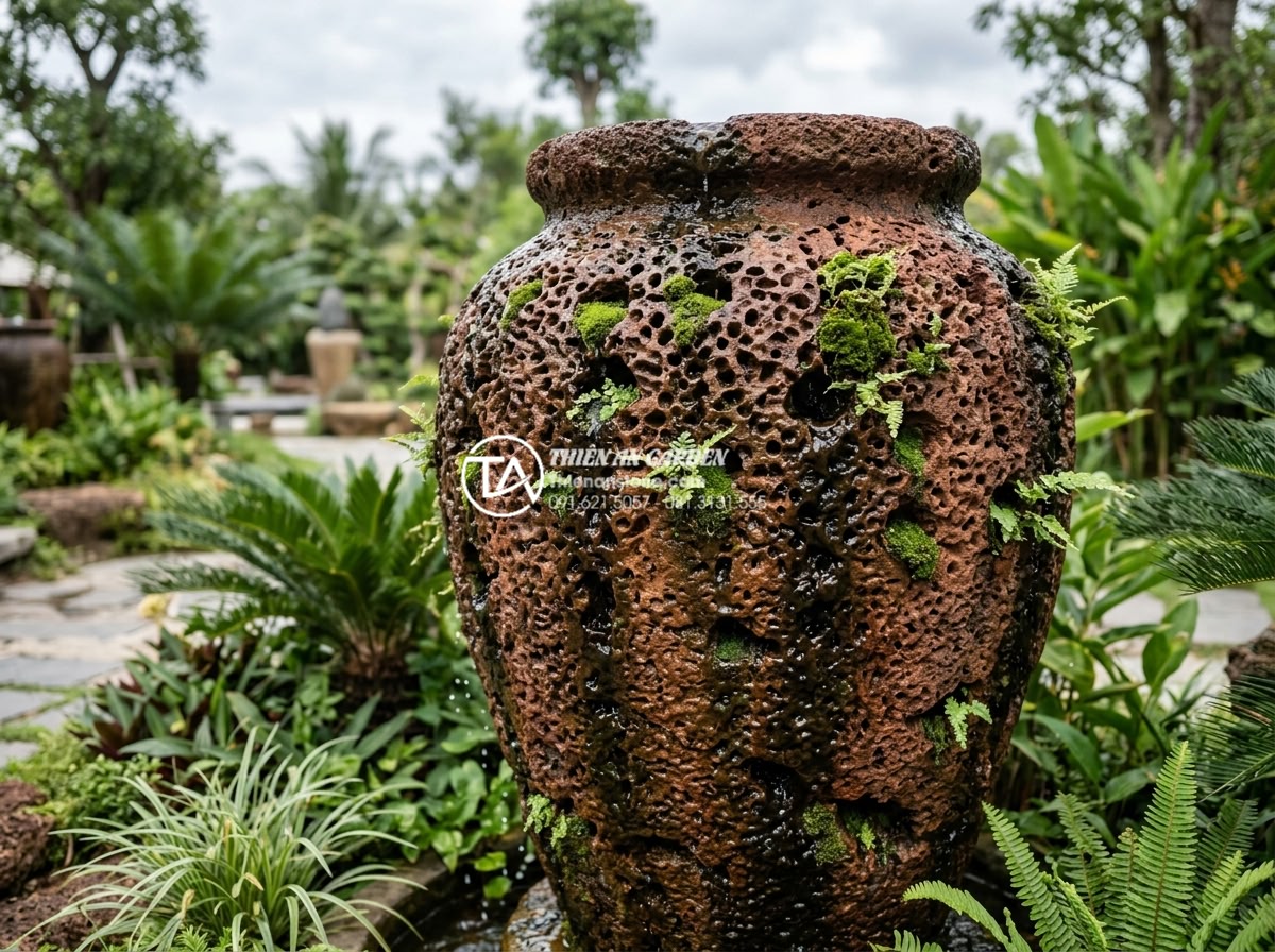 Tiểu Cảnh Chum Nước - Laterite stone (da ong) water jar with natural moss and small ferns growing from