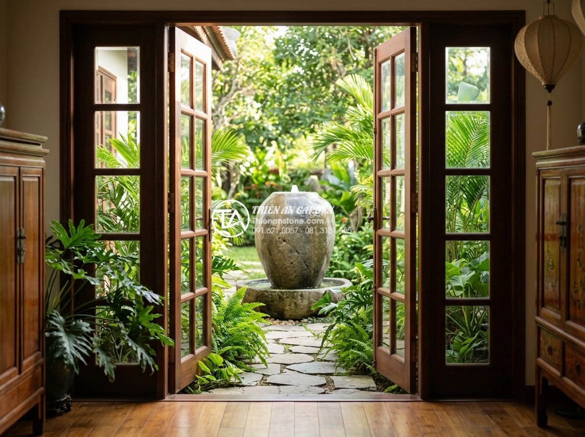 Tiểu Cảnh Chum Nước - Interior view looking through open French doors toward a Vietnamese garden, wate