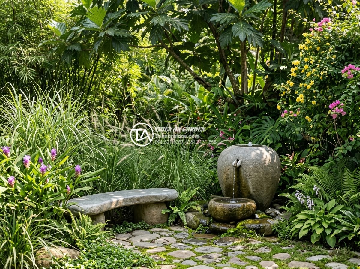 Tiểu Cảnh Chum Nước - Secluded garden corner with a water jar fountain next to a natural stone bench, 