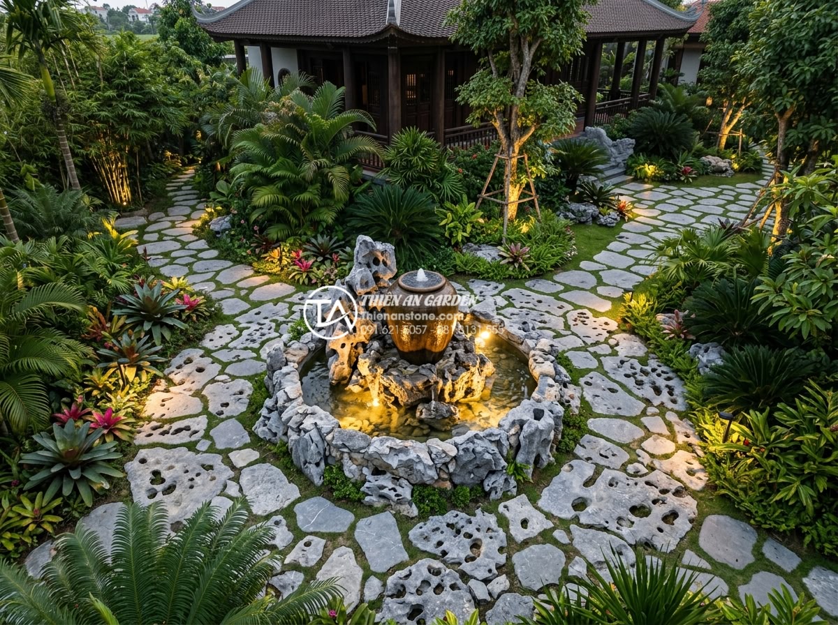 Tiểu Cảnh Chum Nước - Aerial view of a large luxury Vietnamese villa garden with a central water jar f