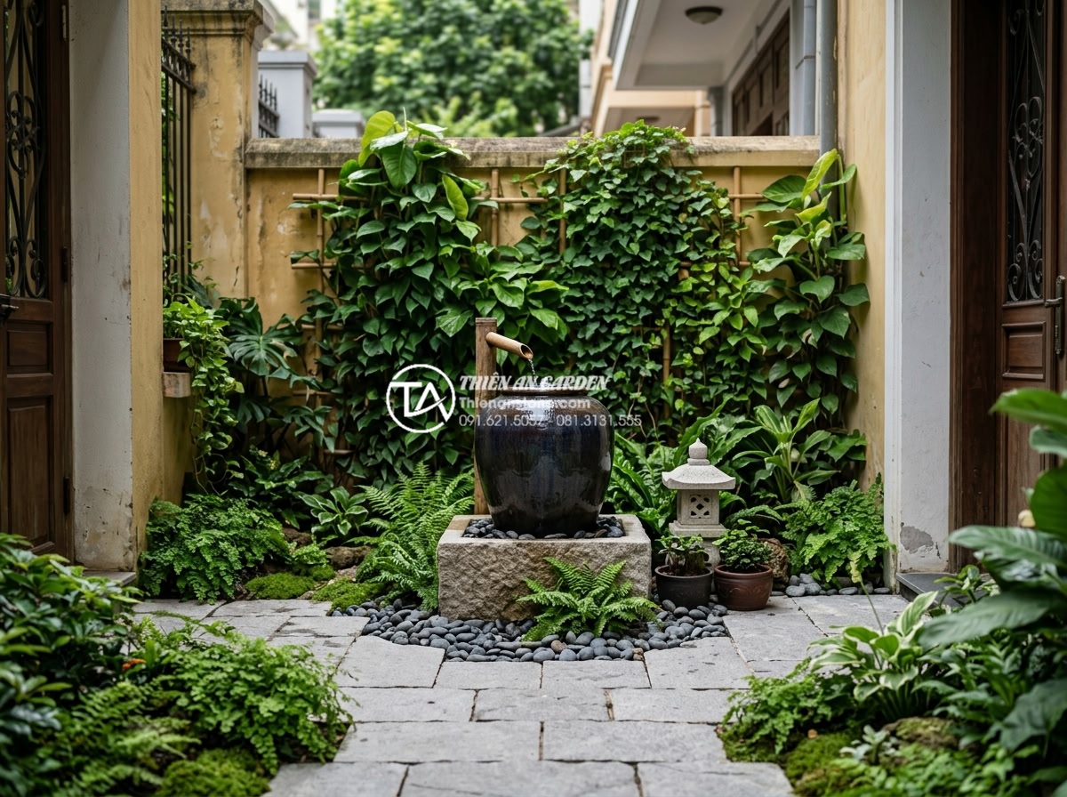 Tiểu Cảnh Chum Nước - Small urban townhouse front courtyard with a compact ceramic water jar fountain,