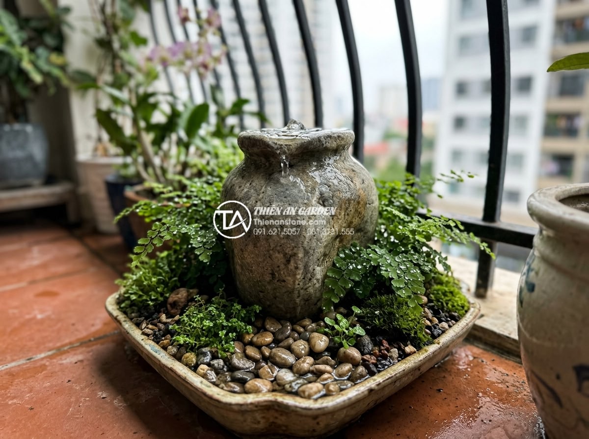 Tiểu Cảnh Chum Nước - Close-up of a miniature water jar fountain on apartment balcony, tiny ferns and 