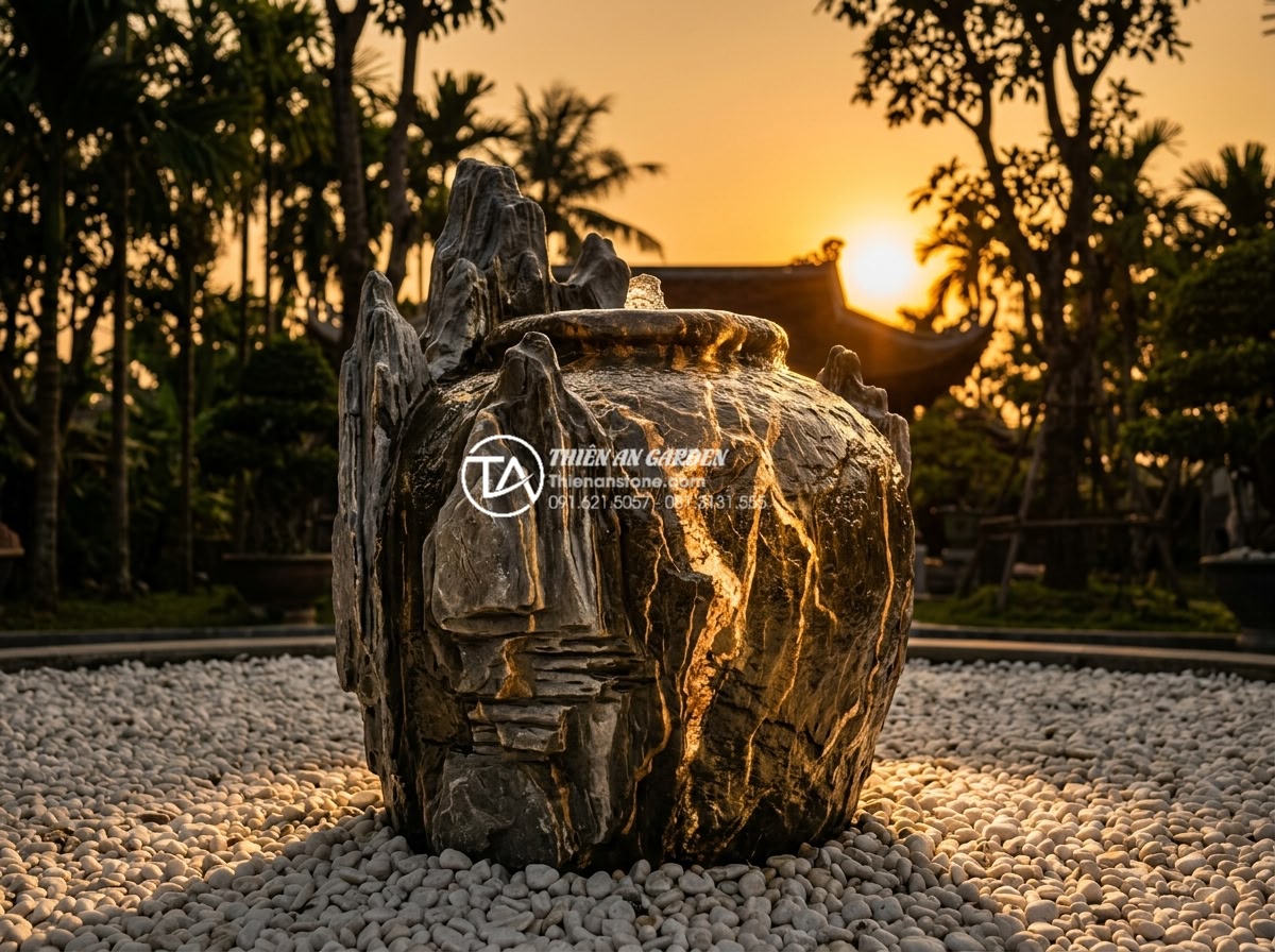 Tiểu Cảnh Chum Nước - Water jar fountain at golden hour sunset, warm amber light bathing the entire ga