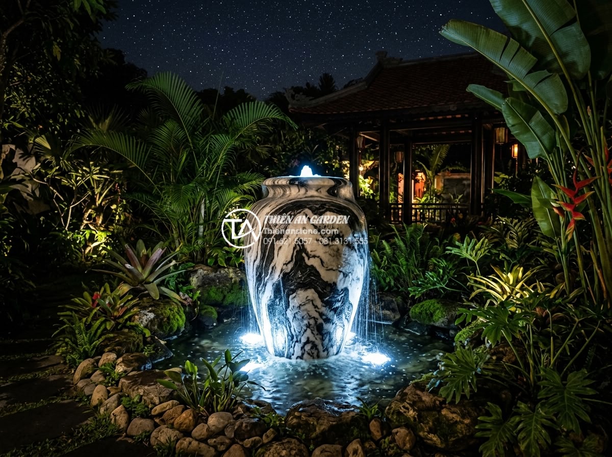 Tiểu Cảnh Chum Nước - Dramatic nighttime scene of a water jar fountain illuminated by hidden garden sp
