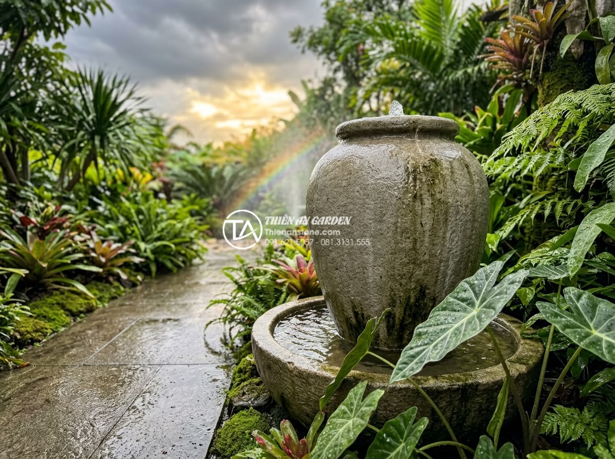 Tiểu Cảnh Chum Nước - Water jar fountain just after a rain shower, wet stone surface with intensified 