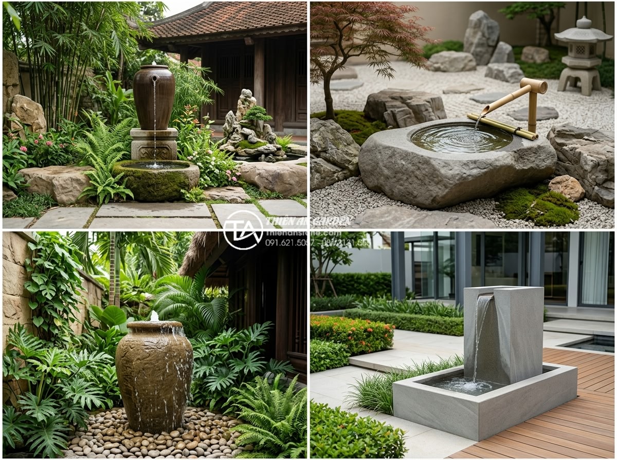 Tiểu Cảnh Chum Nước - Collage-style photo showing water jar fountains in four different design styles: