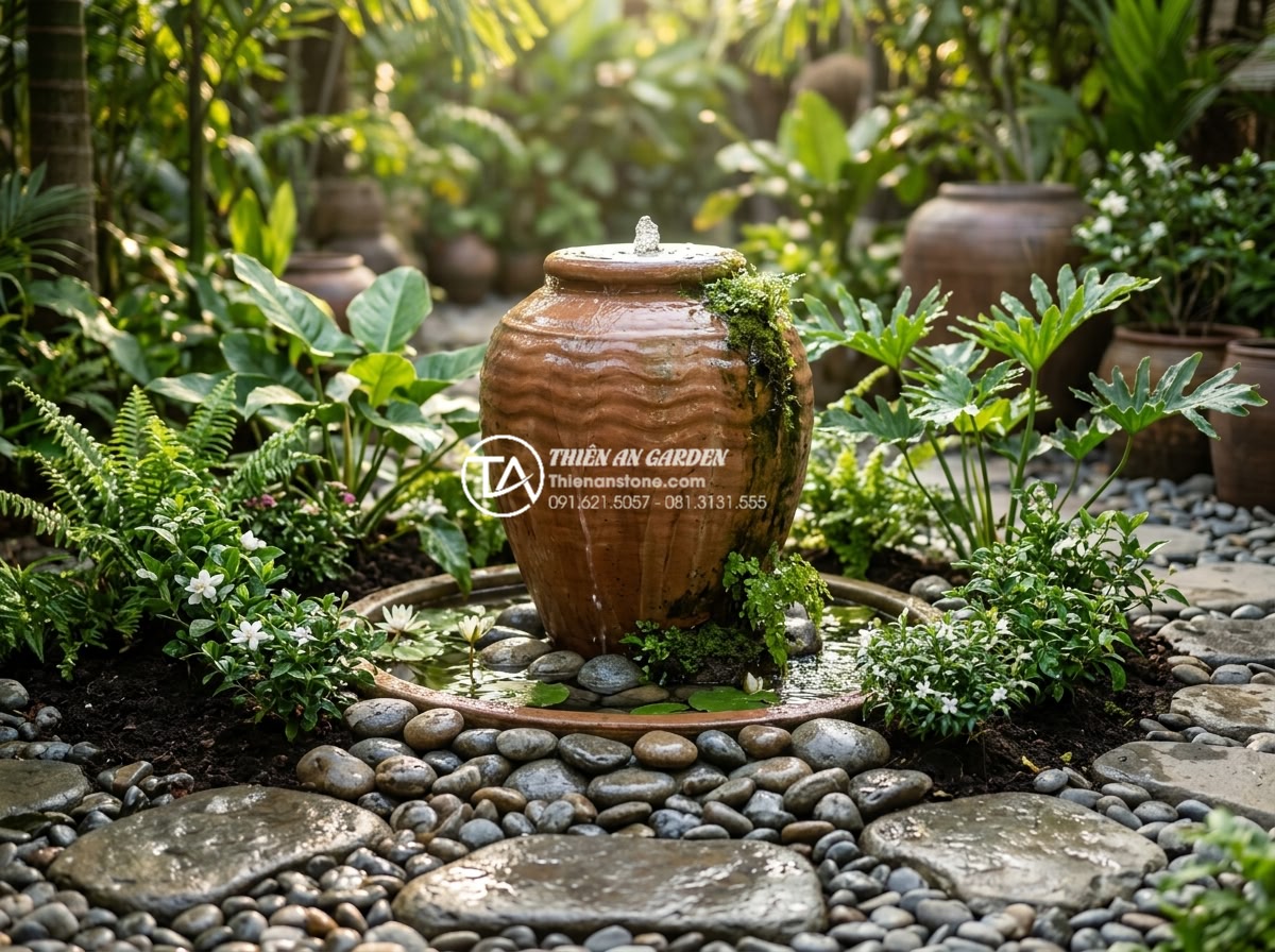 Tiểu Cảnh Chum Nước - Completed water jar fountain installation moment, homeowner smiling while watchi