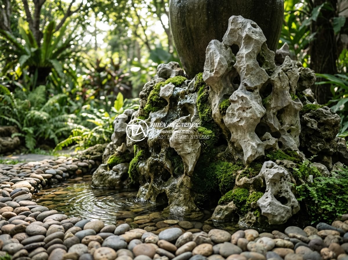 Tiểu Cảnh Chum Nước - Detail shot of the base of a water jar fountain showing carefully arranged river