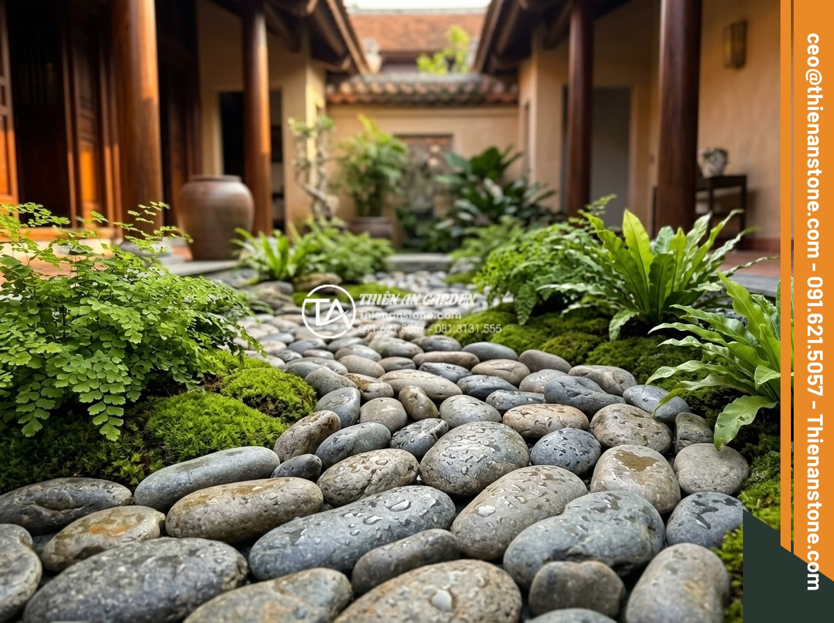 Tiểu Cảnh Đá Cuội - Ultra realistic photo of a small zen garden with smooth river pebbles arranged a