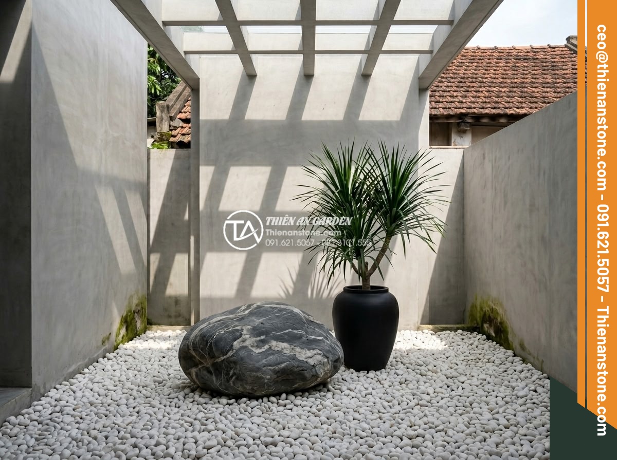Tiểu Cảnh Đá Cuội - Minimalist modern courtyard with uniform white pebbles covering ground, single a