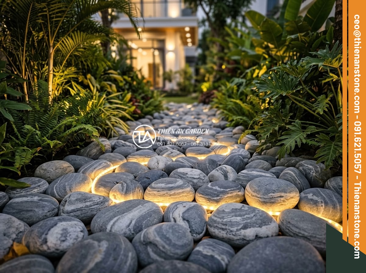 Tiểu Cảnh Đá Cuội - Garden path lined with white pebbles glowing softly under warm outdoor LED light
