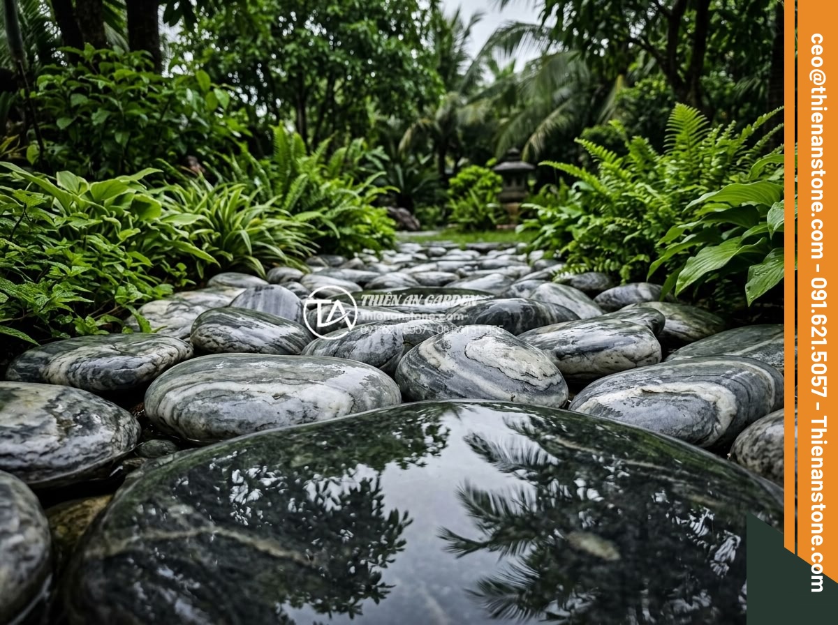 Tiểu Cảnh Đá Cuội - Wet black basalt pebbles in a garden bed reflecting green tree canopy and sky li