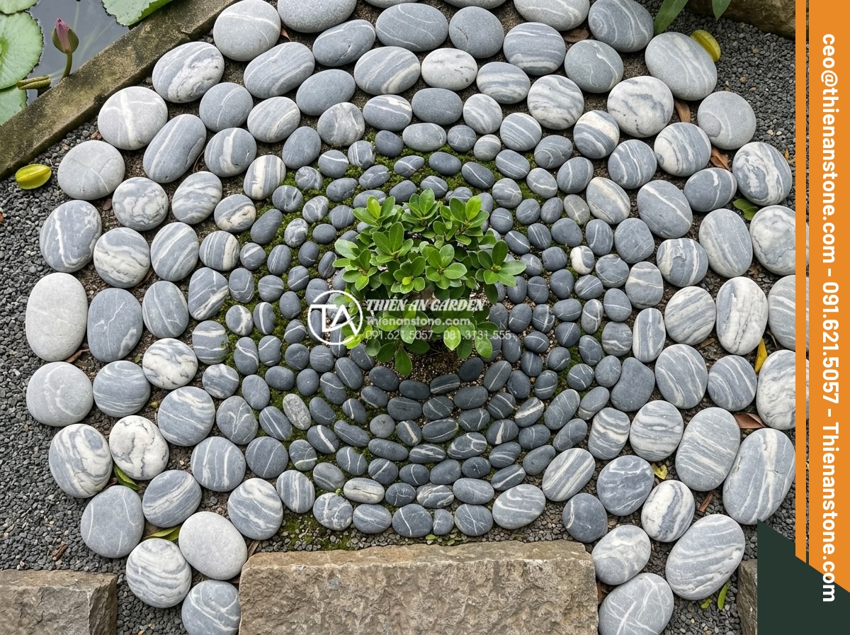 Tiểu Cảnh Đá Cuội - Garden design detail showing gradient arrangement of pebbles from large to small