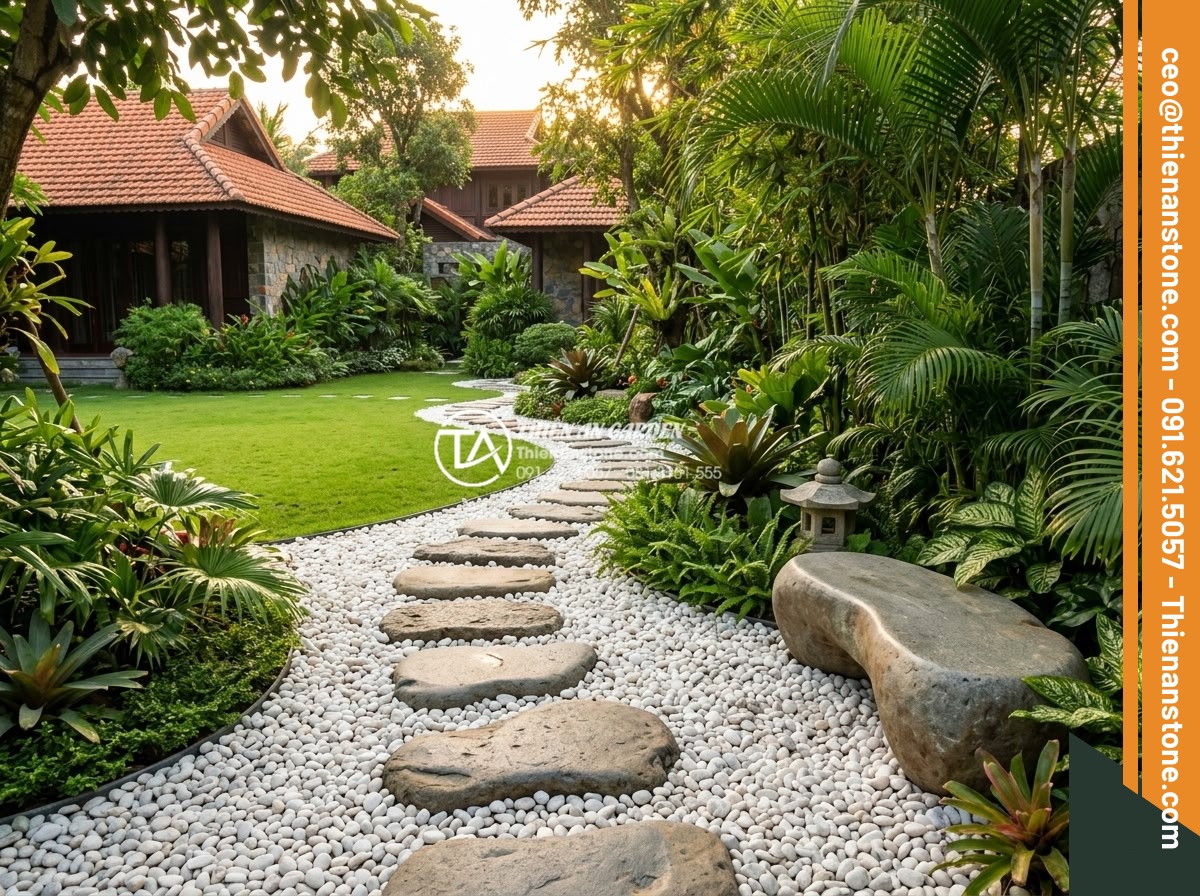 Tiểu Cảnh Đá Cuội - Luxury villa garden with pebble stone miniature landscape, winding stone steppin