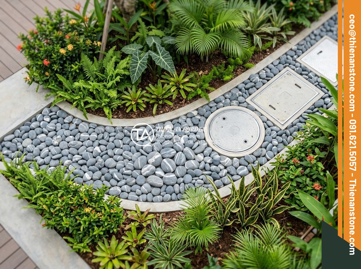 Tiểu Cảnh Đá Cuội - Villa garden detail showing pebble border around flower beds and around utility 