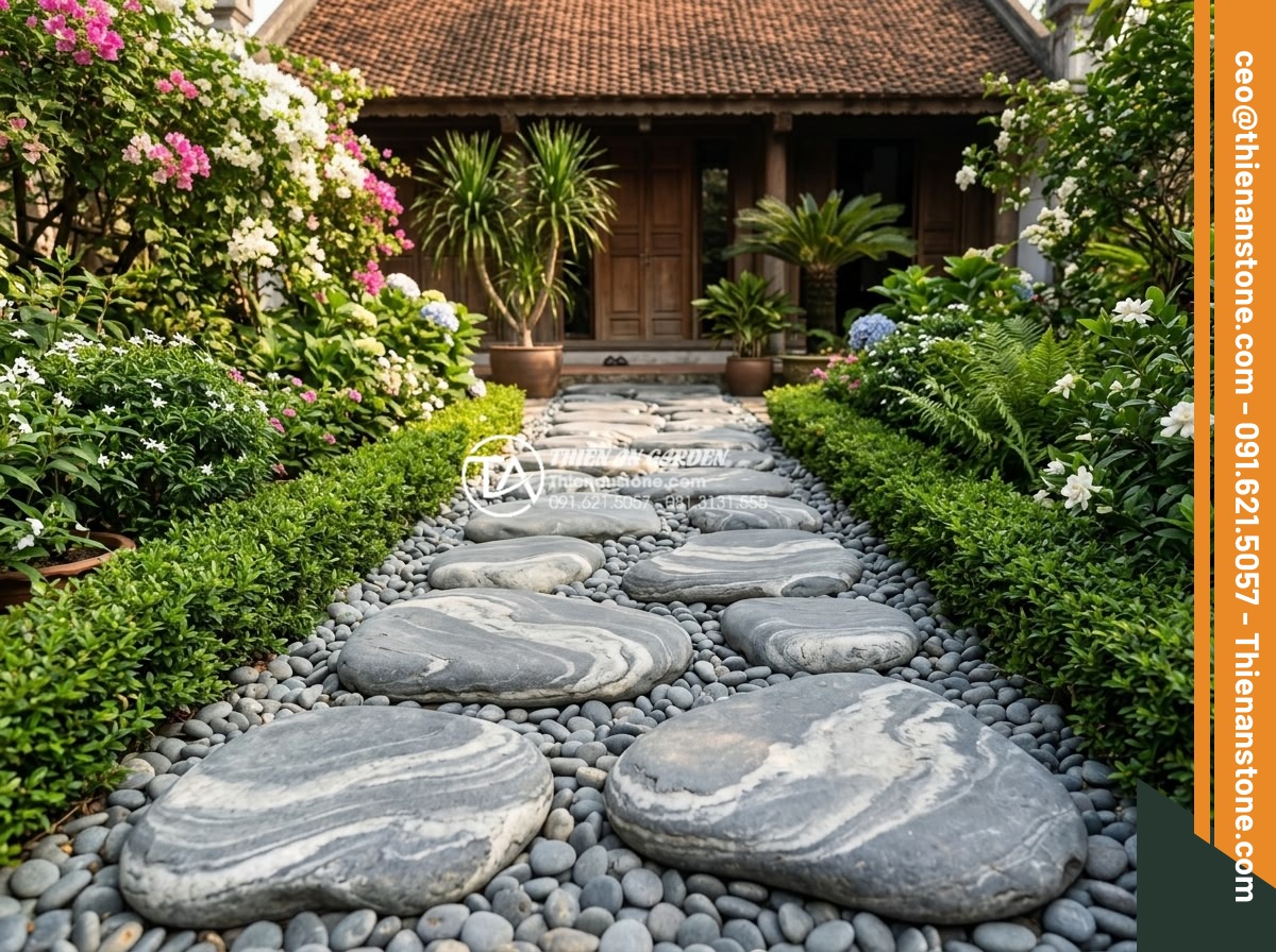 Tiểu Cảnh Đá Cuội - Garden entrance walkway with natural stone stepping stones set in a bed of smoot