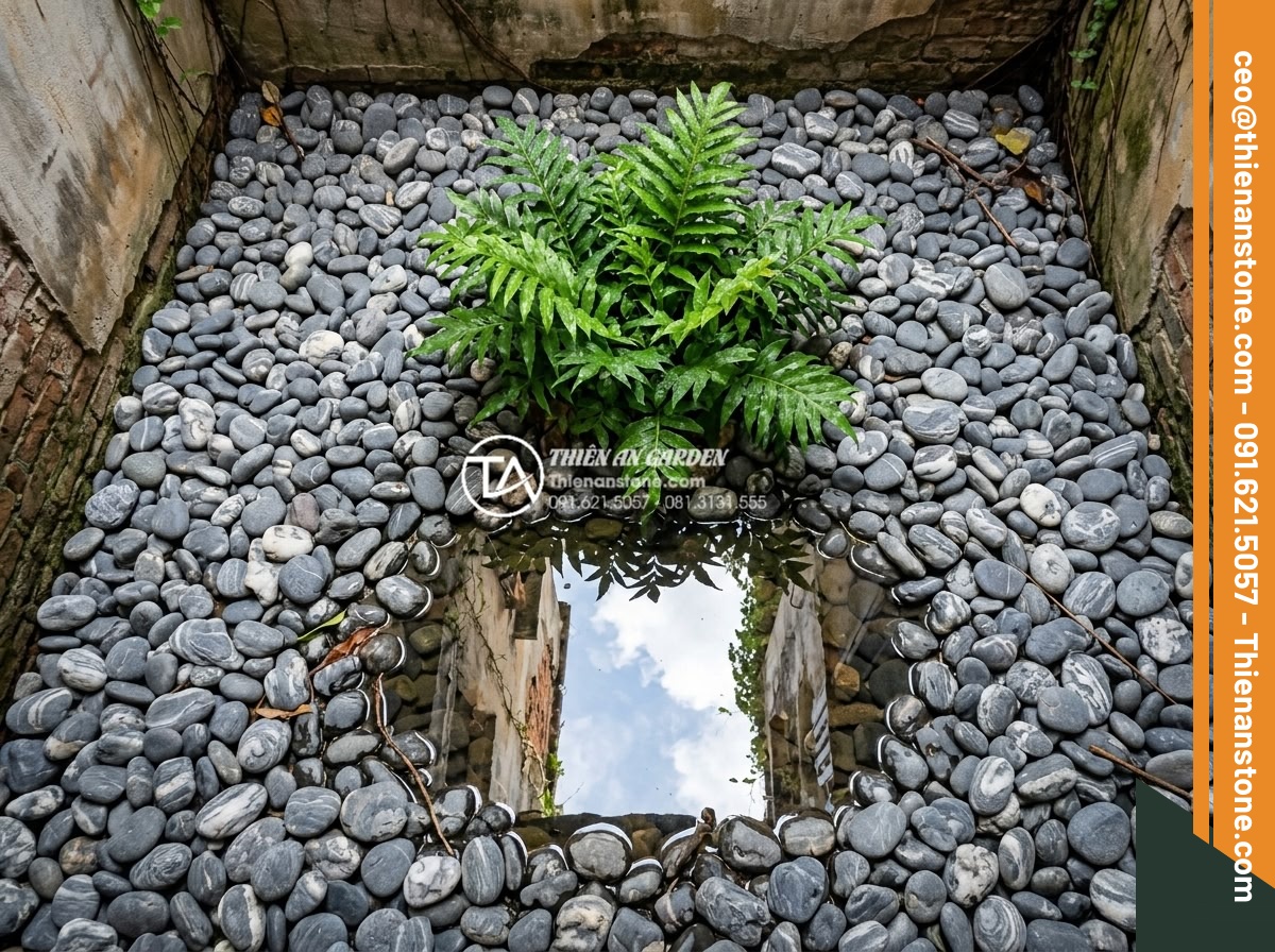 Tiểu Cảnh Đá Cuội - Top-down view of a small courtyard light well filled with white and grey pebbles