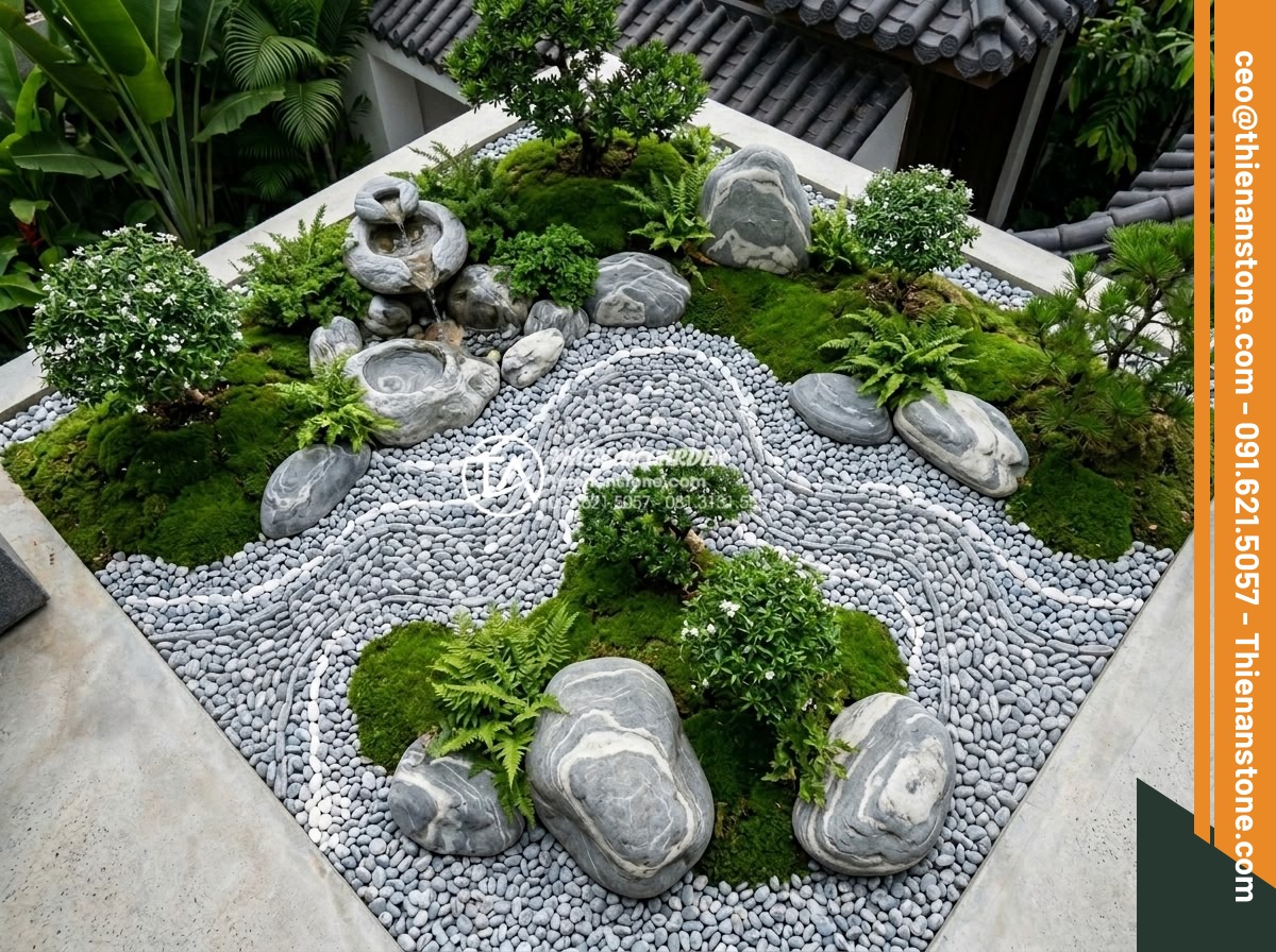 Tiểu Cảnh Đá Cuội - Aerial view of a Japanese-inspired miniature garden with white and grey pebbles 