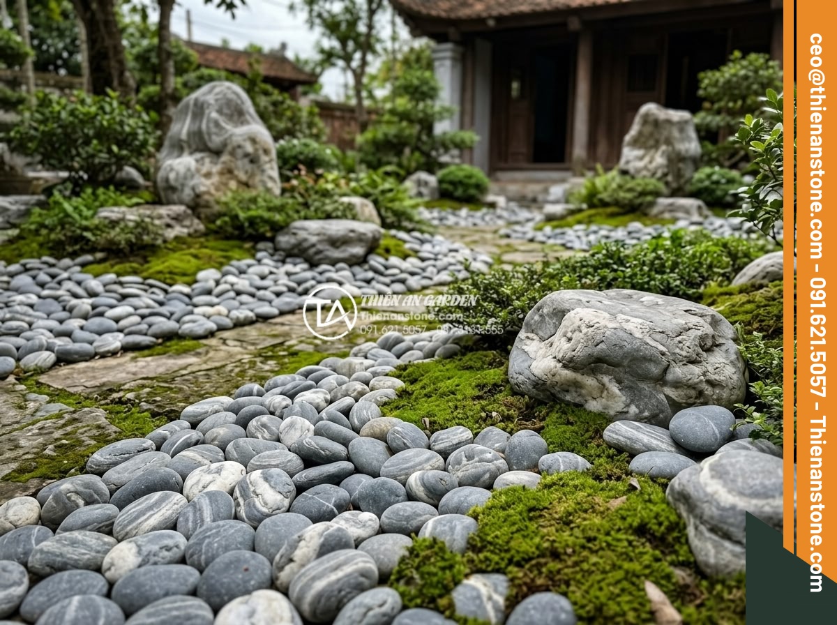 Tiểu Cảnh Đá Cuội - Artfully arranged pebble garden showing natural asymmetric design, varying densi