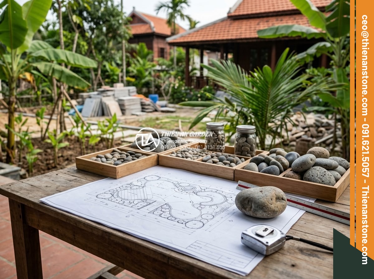 Tiểu Cảnh Đá Cuội - Landscape designer reviewing garden blueprint with stone samples on a work table
