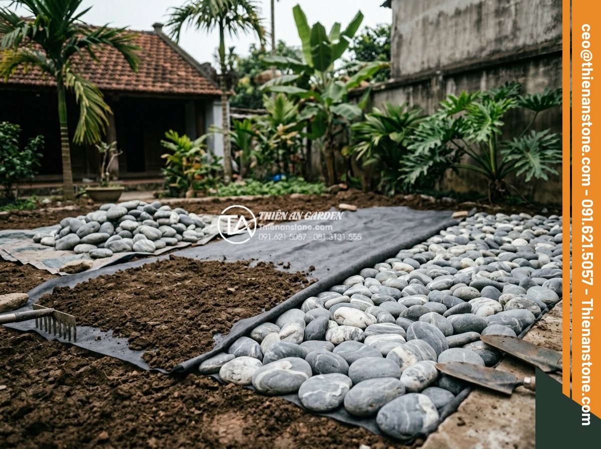 Tiểu Cảnh Đá Cuội - Construction process of a pebble garden showing geotextile fabric being laid on 
